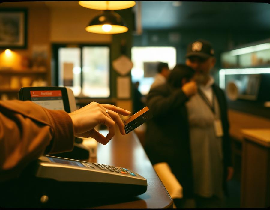 A customer paying with a card at the counter of a small restaurant.